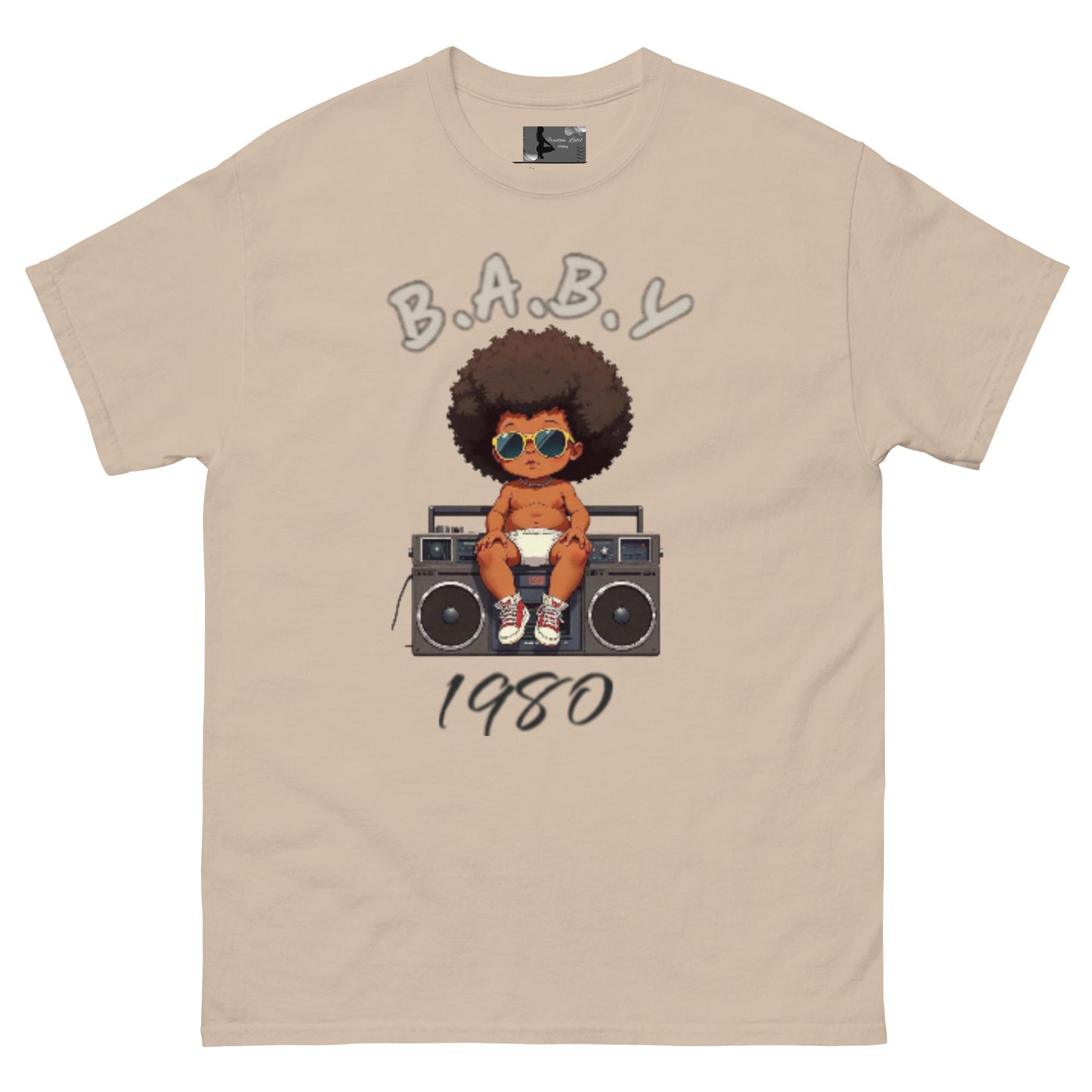 Unisex classic tee with retro baby design and boombox illustration in natural color.