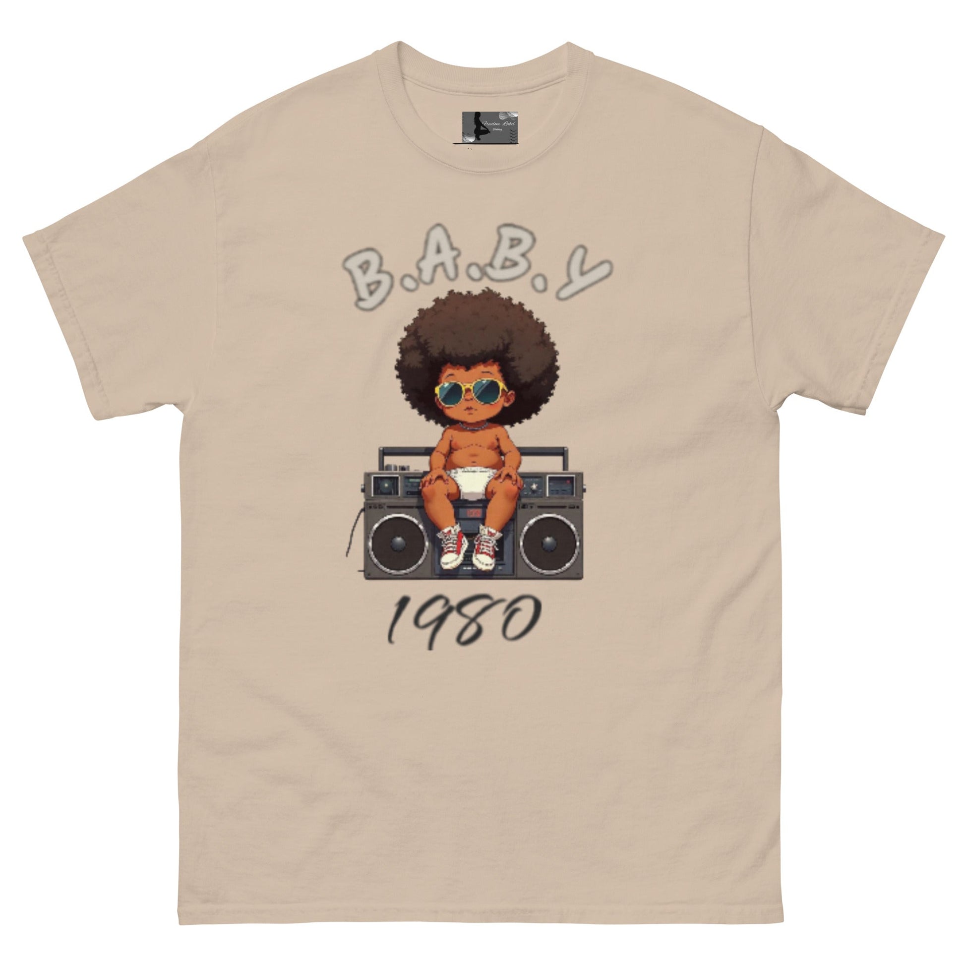 Unisex classic tee with retro baby design and boombox illustration in natural color.